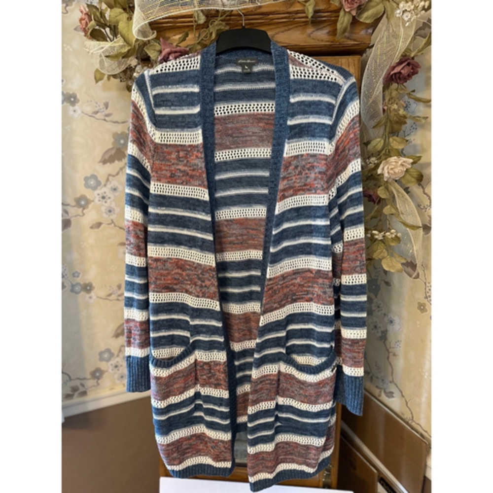 Eddie Bauer Cardigan 100% Cotton Striped Woman's XL Blue Red Beige